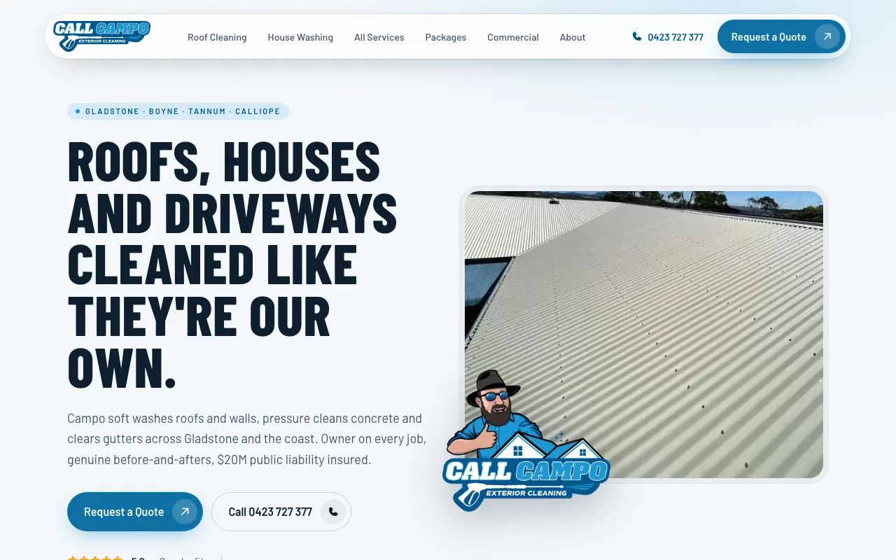 Call Campo Exterior Cleaning homepage, built by Michael Evans Media
