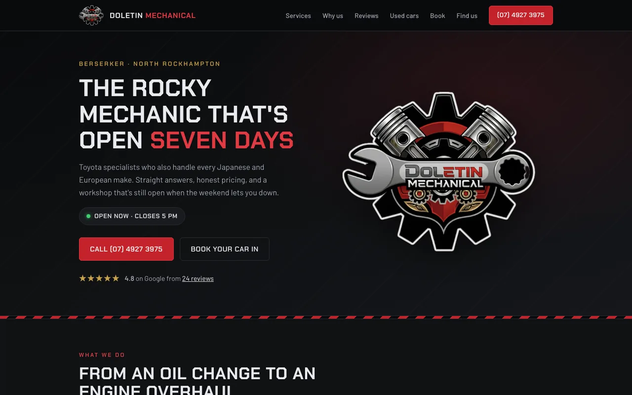 Doletin Mechanical website with its red and chrome logo, workshop hours, call button and booking request link